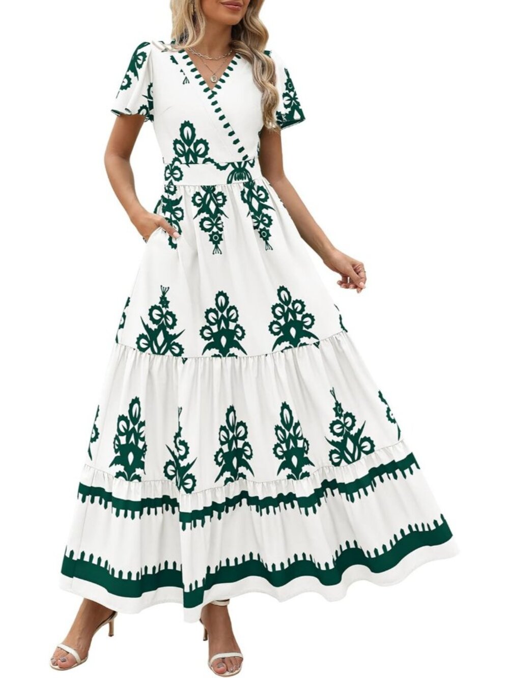 Women's Floral White Green  Boho Maxi V Neck Bell Sleeve Flowy Dress W/Pockets